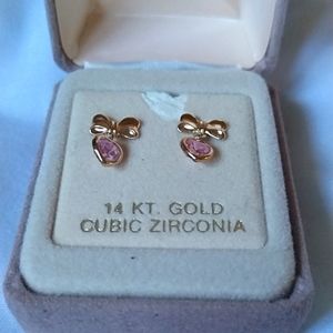 14 karat gold pink cubic zirconia heart earrings
